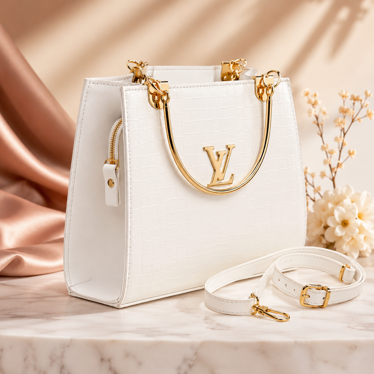 Luxury White Crocodile Texture Handbag with Gold Chain Handle